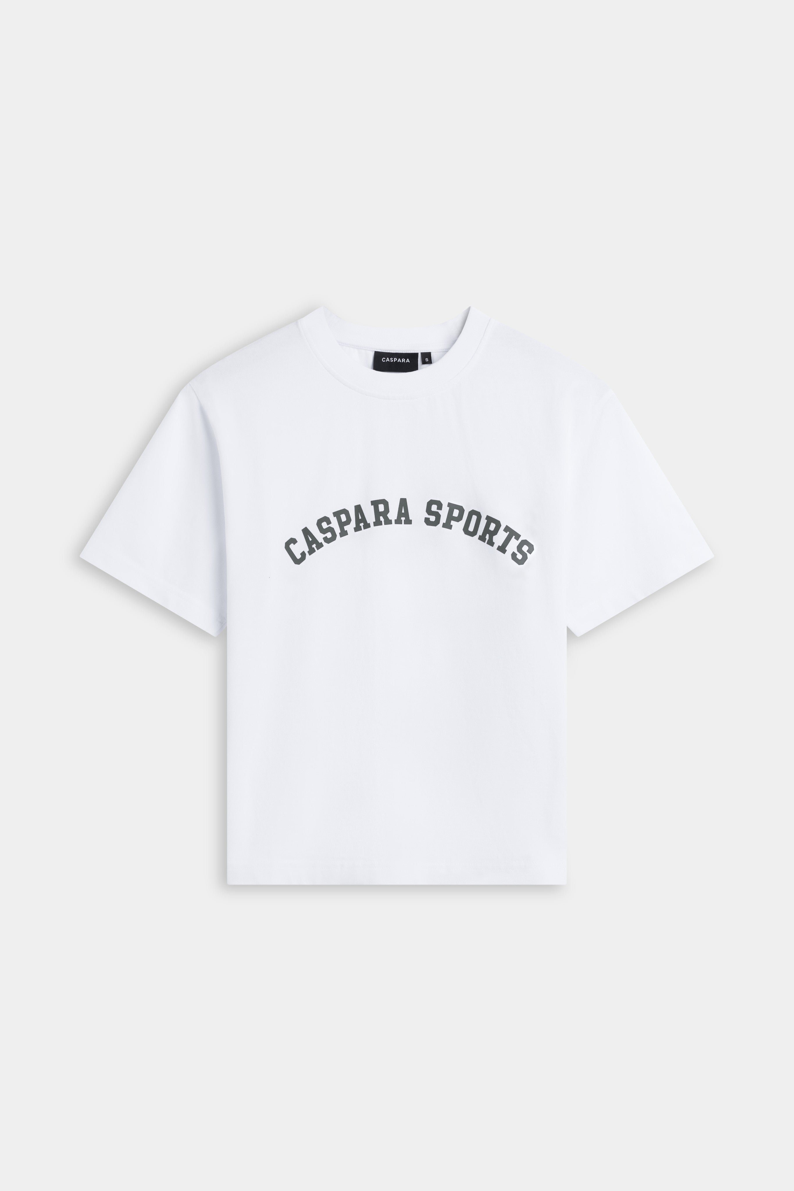 White CASPARA CS Signature t-shirt featuring arched khaki Caspara Sports lettering on the front.